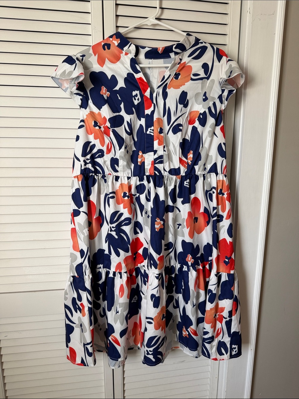 SHEIN White Floral Tiered Dress with Navy & Coral Accents